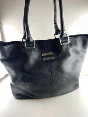 AK Anne Klein Black Pebbled Leather Tote | Large Shoulder Bag Silver Hardware